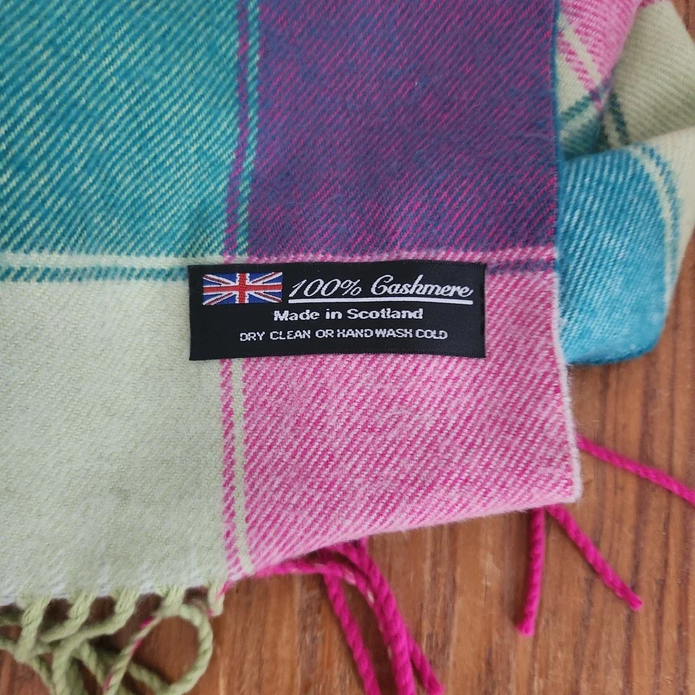 Scotland 100% Cashmere Plaid Scarf Fringe Pink Green 64